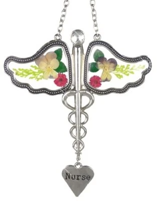 Nurse Caduceus Suncatcher с настоящими прессованными цветами в стеклянных крыльях #2127 - Изображение 1 из 4