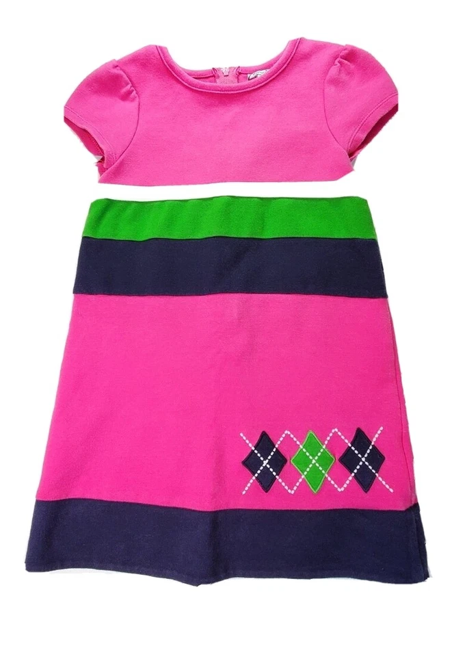 Hartstrings Girls A Line Cap Sleeve Pink Embroidered Argyle Pattern Dress Sz 5 - Image 1 of 3
