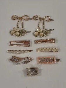 Lot of 11 Barrettes Bows Rhinestones Pearls Butterflies Gold Toned Love Girls - Picture 1 of 24