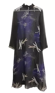 Harari Dress Medium Silk Chiffon Dragonfly Print Maxi Long Sleeve Sheer Mandarin - Picture 1 of 6