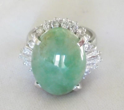 Heavy Platinum 6.58ct Jade 0.70 ct Diamond Halo Ring - 11.45 gms, Sz 5.5 - Image 1 of 4