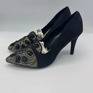 Ann Marino Ladies BLACK LACE JEWELED PUMPS Pointy toe HEELS Black Suede Size 8 - Picture 1 of 9
