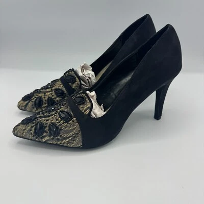 Ann Marino Ladies BLACK LACE JEWELED PUMPS Pointy toe HEELS Black Suede Size 8 - Image 1 of 4