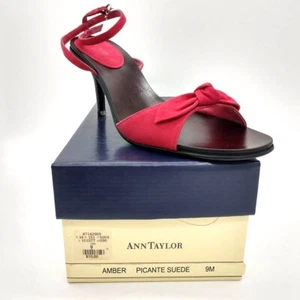 Ann Taylor Amber Women's 9 Picante Red Suede Leather Bow Open Toe Heeled Sandals - Picture 1 of 14