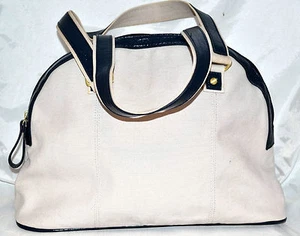 Victoria's Secret Light Bege Canvas Handbag with Navy Blue Faux Leather Trim - Picture 1 of 7