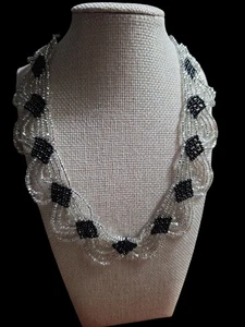 Vintage Silver & Black Beaded 16 In Collar Necklace - Picture 1 of 3