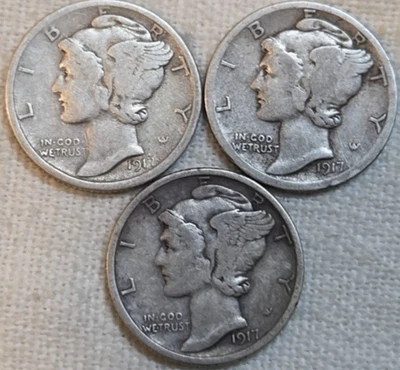 Moneda de diez centavos Mercury 1917 P D S ___.  Juegos de ruptura. Envío gratuito. Foto 1 de 4