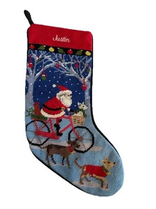 Vintage Lands End Wolle Nadelspitze Weihnachtsstrumpf Weihnachtsmann Fahrrad Justin - Bild 1 von 5