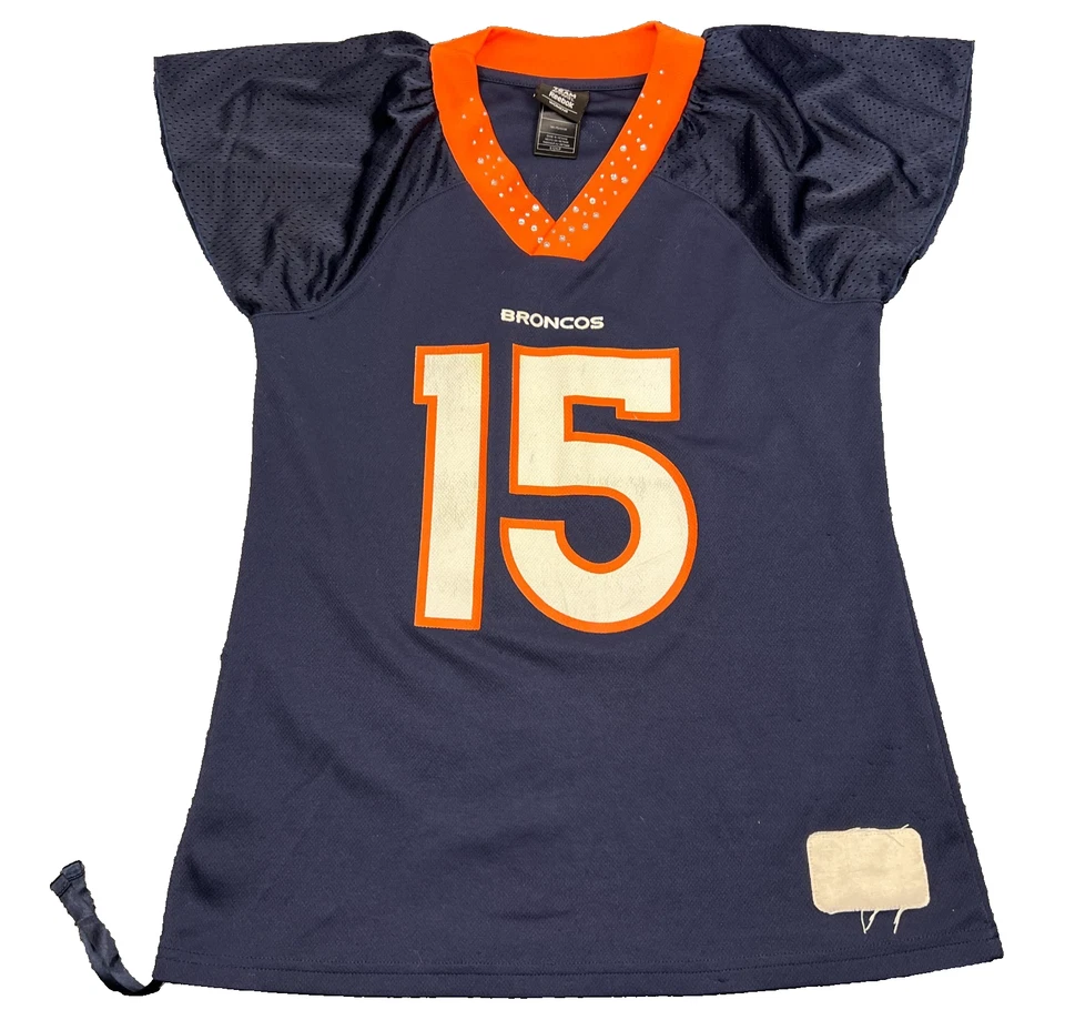 锐步 NFL 丹佛野马队 Tim Tebow #15 球衣女式小号水钻上衣 — 第 1/4 张图片
