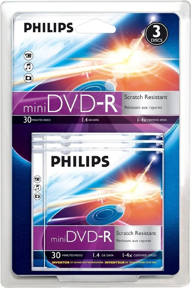 Philips MINI DVD-R 3 Pack Scratch Resistant 30Min Video,1.4GB, 1-4x, Camcorder - Image 1 of 1