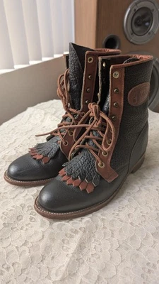 Botas Justin Vintage Cuero Negro y Marrón Kiltie Lacer Roper Talla 5 1/2 B Foto 1 de 4