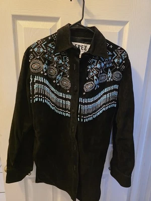 Chaqueta de cuero Erez Levy gamuza color turquesa cuentas flecos para mujer talla S Foto 1 de 4