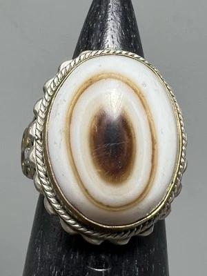 Anello vintage in argento fatto a mano con perline di agata vecchio occhio mi... - Immagine 1 di 4