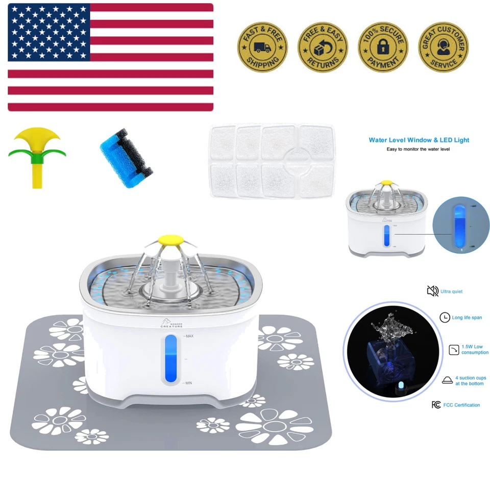 Cubic Pet Water Fountain Stainless Steel Intelligent Auto Power off Pump Cat W 3