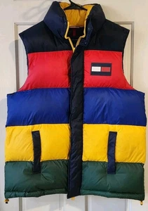 TOMMY HILFIGER DOWN PUFFER VEST MENS LARGE COLORBLOCK OVERSIZED WINTER WARM Y2K - Picture 1 of 16