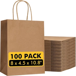RACETOP Brown Paper Bags with Handles Bulk 100Pcs 8X4.5X10.8 Inch Gift Bags Bulk - Picture 1 of 12