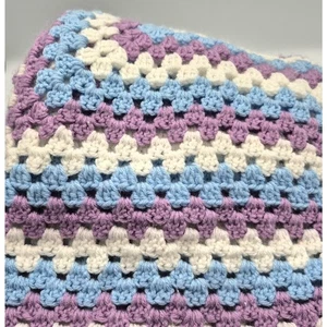 Hand Crocheted Throw Blanket 40x40 Purple Blue White UNUSED - Picture 1 of 5