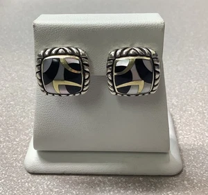 Asch Grossbardt Sterling 925 & 18k Yellow Gold MOP Onyx Inlay Omega Earrings - Picture 1 of 6