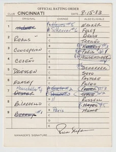 8-15-83 Cincinnati Reds - Game Used Lineup Card - Cesar Cedeno & Dan Driessen - Picture 1 of 2