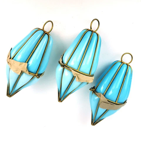 Vintage MCM Murano Italy Caged & Blown Glass Hanging Pendants ~ Set of 3 Blue Cover