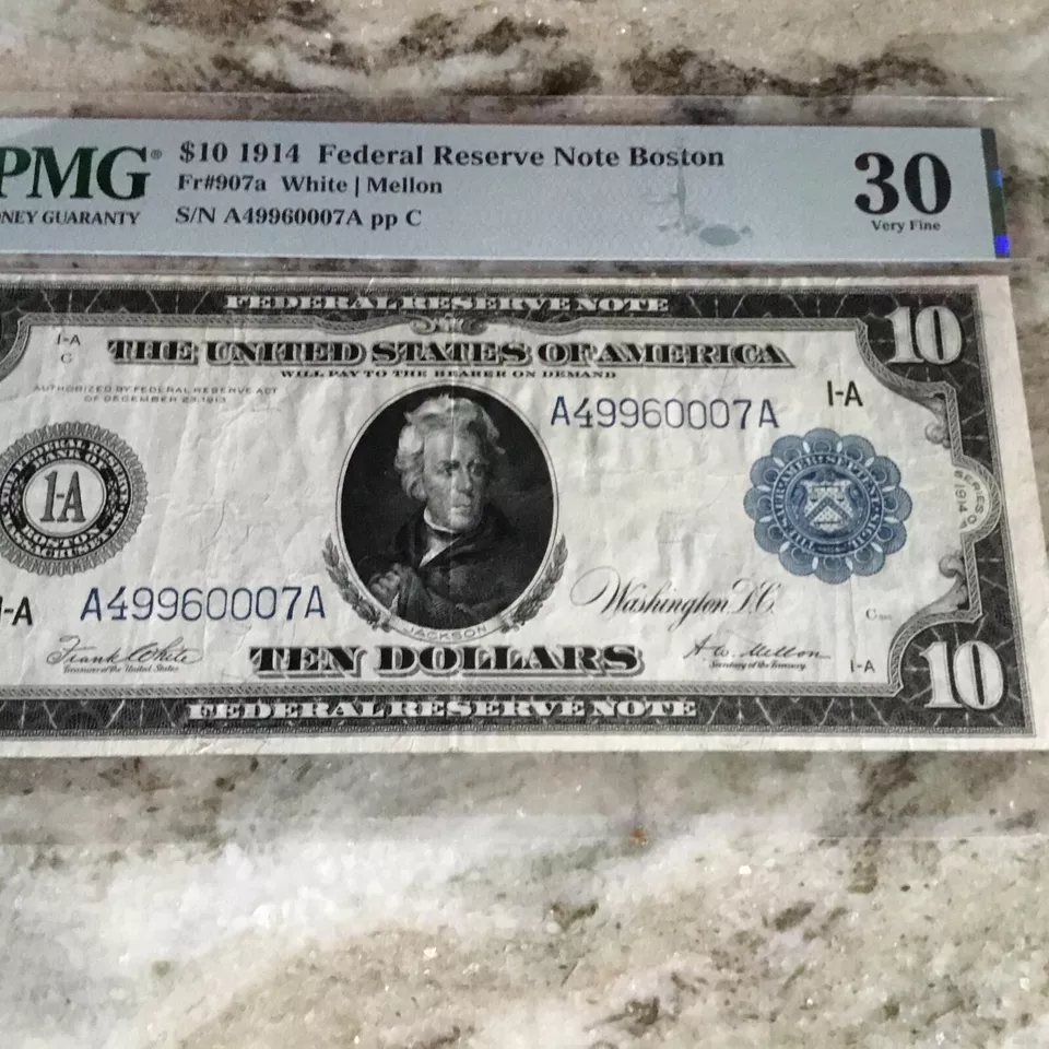 1914 federal reserve note $10 Boston district,  PMG 30 - Image 1 of 4
