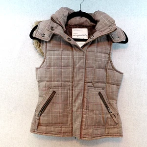 AEROPOSTALE Giubbotto Piumino Micro Plaid Marrone Giacca Pelliccia Ecopelliccia Bordo Cappuccio, Taglia S - Foto 1 di 10