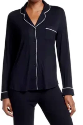 SHIMERA Navy Blue White Trim Tranquility Long Sleeve Button Shirt Pajama Top M 8 - Image 1 of 3