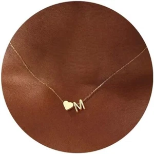 Gold Heart Initial Necklace for Women, 18K Real Gold Plated Heart Initial - Picture 1 of 5