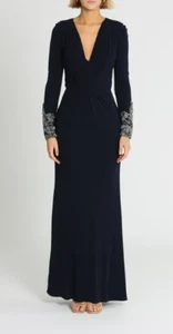 BADGLEY MISCHKA LS Embellished Gown Navy Formal Size 8 AU RRP 1289 WITH DEFECTS - Picture 1 of 8