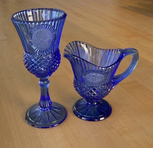 Avon by Fostoria Cobalt Blue Glass George Washington Colonial Goblet & Creamer - Picture 1 of 12