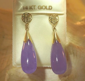 8MM 14K YELLOW GOLD GOOD FORTUNE TEARDROP LAVENDER JADE DANGLY STUD EARRINGS #2 - Picture 1 of 10