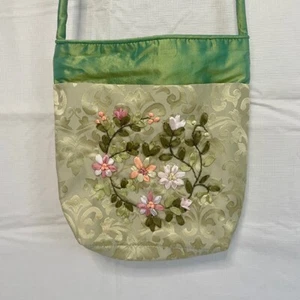 Umhängetasche Handtasche mit Blumenstickerei grün Damast klein Schultertasche - Bild 1 von 12