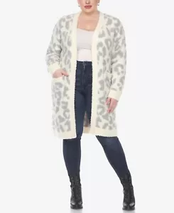 White Mark Plus Size Leopard Print Open Front Sherpa Coat, Ivory/Grey Sz-2X/3X - Picture 1 of 4