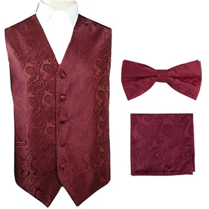 Burgundy Men's Paisley Tuxedo Suit Dress Vest Waistcoat & Bow tie & And Hankie - Picture 1 of 4