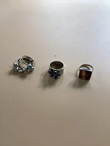 LOT OF 3 VINTAGE PUZZLE AQUAMARINE, BLUE CLUSTER AND JASPER STAMPED 925 RINGS - Picture 1 of 5