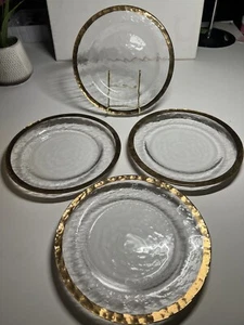 Set of 4 VTG Gilt Gold Encrusted Trim Etched Elegant Glass Dessert Salad Plates - Picture 1 of 4