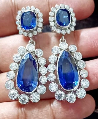 Inspired Cubic Zircon 925 Silver Sapphire Dangle Woman's Earrings Birthday Gift - Image 1 of 4