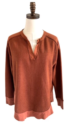 Skies Are Blue Womens Sz S Minimalist Rust Waffle Weave Long Sleeve Shirt Henley - Image 1 of 4