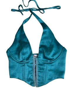 Princess Polly Teal Green Halter Crop Corset Top Blouse Size 0 - Picture 1 of 4