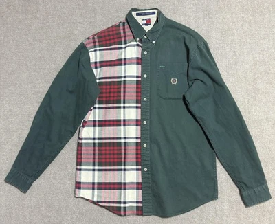 Tommy Hilfiger Shirt Mens Large Green Red Plaid Patchwork Crest Oxford 90s Style - Image 1 of 4