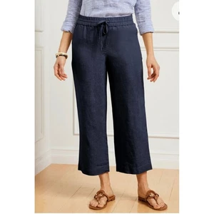 Talbots Navy Blue Linen Wide Leg Crop Pants Sz M Beach Coastal Nautical Vacation - Picture 1 of 6