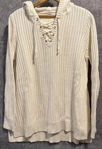 LL Bean Baumwolle Schnür Pullover Lg Ivory Kapuze Strand Boho Maritim Küste - Bild 1 von 7