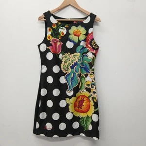 Desigual Mini Shift Dress Size UK 12 EU 40 Black Multi Floral Polka Dot RMF16-RP - Picture 1 of 7