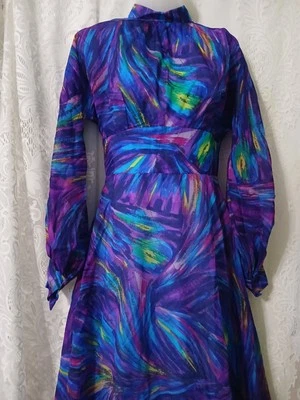 Maxi Vestido Vintage Años 60 Psicodélico Púrpura Remolino Gasa Anfitriona Cóctel MOD S Foto 1 de 4