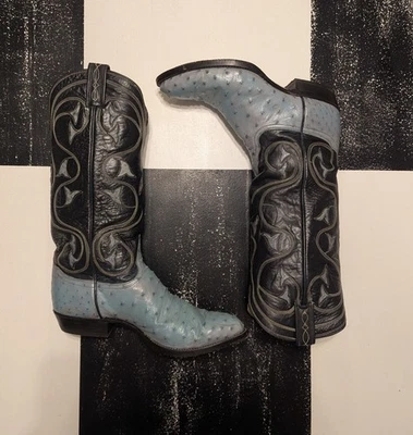 BOTAS WESTERN DE CUERO AZUL AVESTRUZ PLUMA COMPLETA TONY LAMA VINTAGE PARA HOMBRE 7 1/2 D  Foto 1 de 4