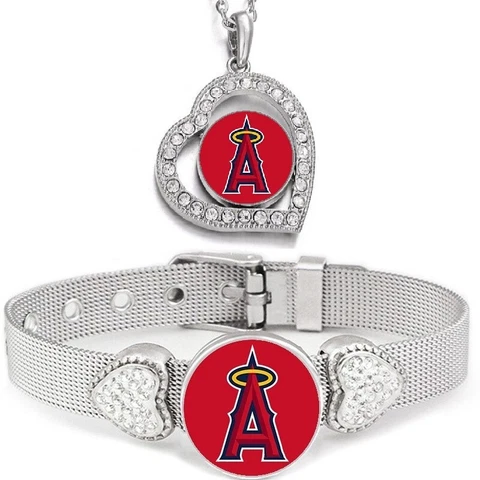 2 PcSet Los Angeles LA Angels Womens Sterling Silver Necklace With Bracelet Cover