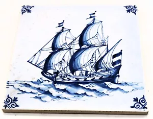 Vtg Blue and White Sailing Ship Delft Blue Tile NOS Architectural Salvage - Picture 1 of 14