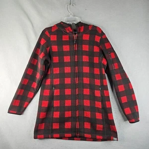 LL Bean Knit Jacket Women Large Reg Red Buffalo Plaid Hooded Parka Country Barn - Picture 1 of 9