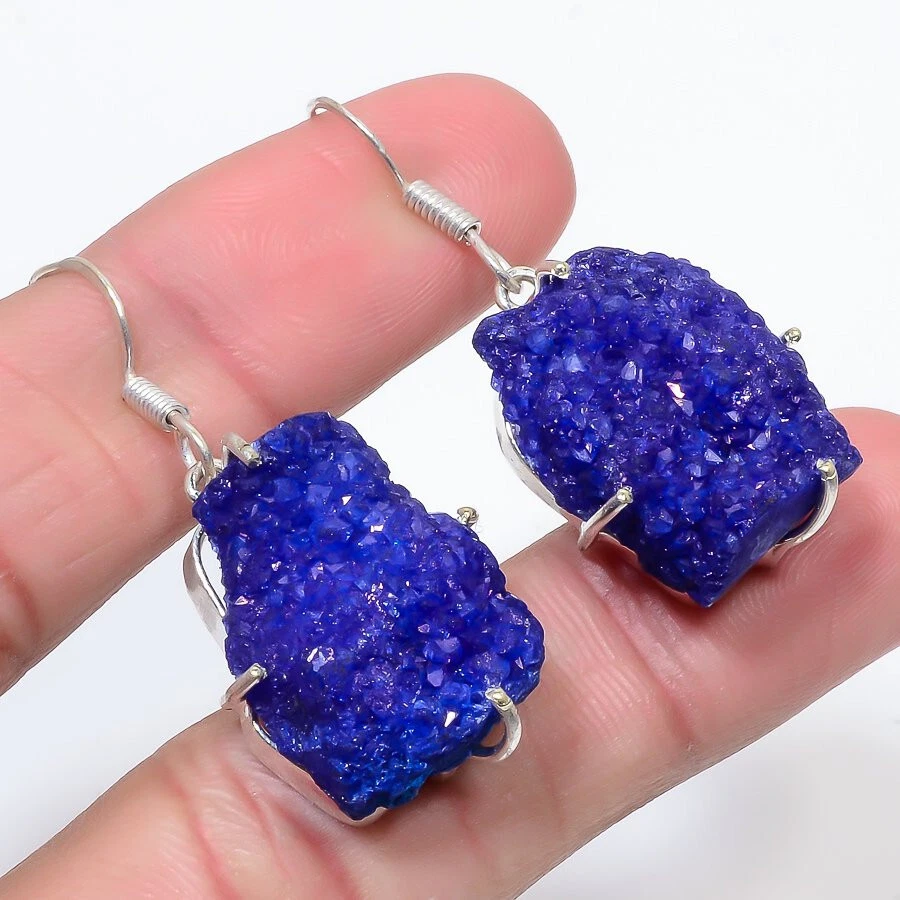 Blue Titanium Druzy Gemstone Silver Plated Earrings Vintage Jewelry 1.5" - Image 1 of 1