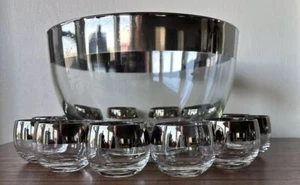 Vintage Dorothy Thorpe Silver Rim Roly Poly Punch Bowl with 12 Glasses - Picture 1 of 8